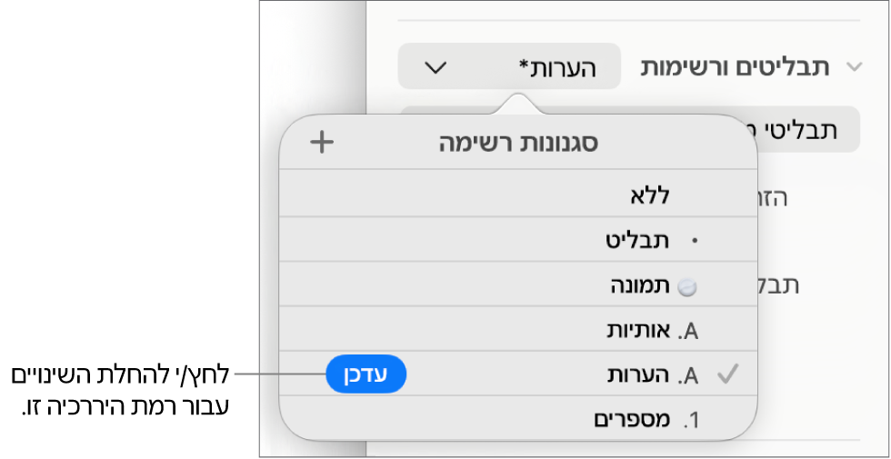 התפריט הקופצני ״סגנונות רשימה״ עם כפתור ״עדכן״ בסמוך לשמו של הסגנון החדש.
