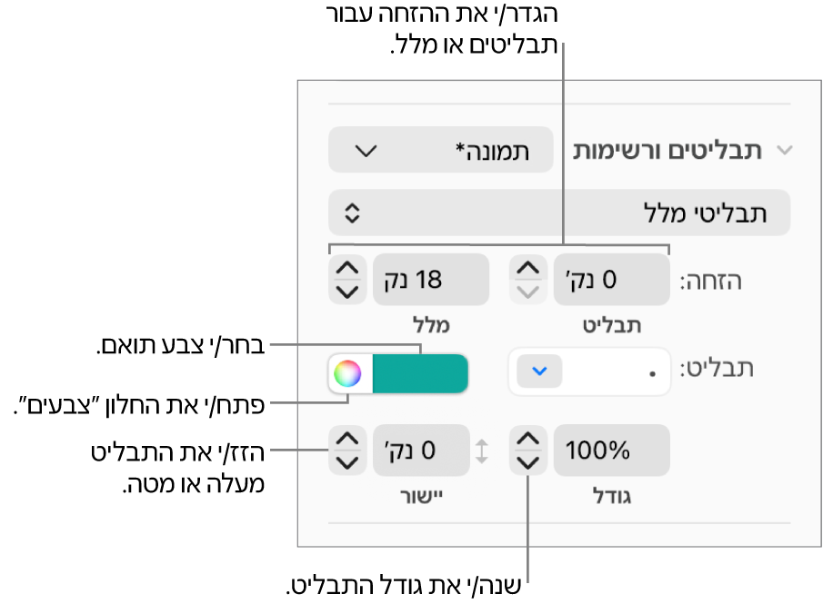 המקטע ״תבליטים ורשימות״ עם הסברים לגבי הפקדים של הזחת תבליט ומלל, צבע תבליט, גודל תבליט ויישור.