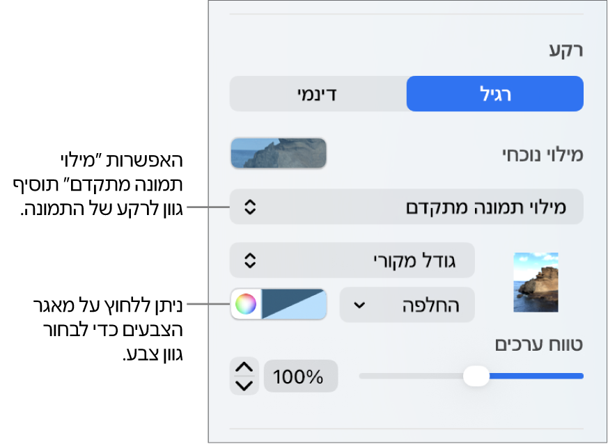 כלי הבקרה של ״רקע״, עם ״מילוי תמונה מתקדם״ צבוע שמוגדר כרקע של השקף.
