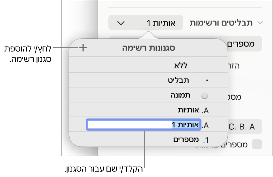התפריט הקופצני ״סגנונות רשימה״ עם כפתור ״הוסף״ בפינה הימנית העליונה ושם של סגנון מציין מיקום כאשר המלל שלו נבחר.