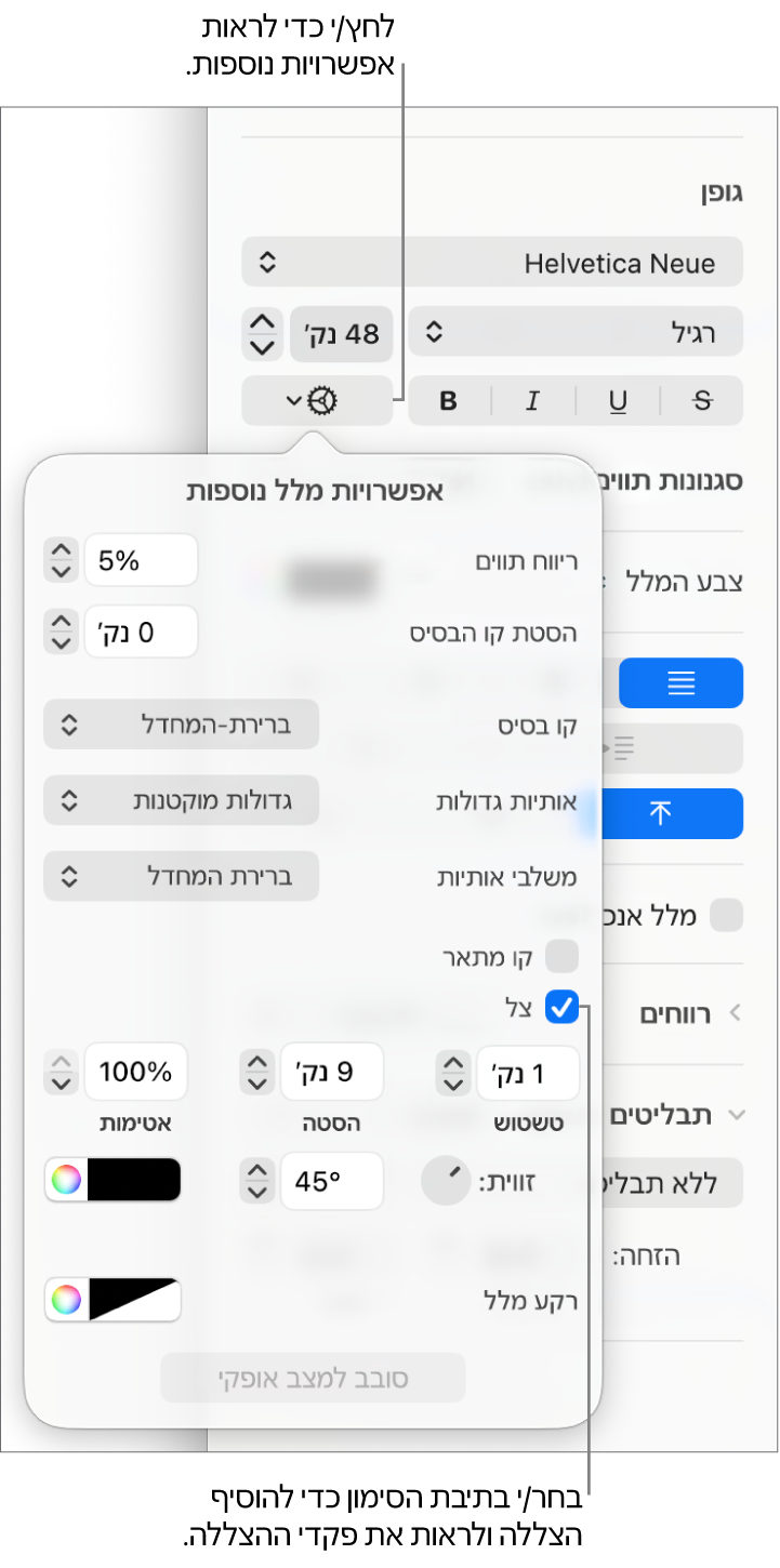 חלון ״אפשרויות מתקדמות״, כאשר תיבת הסימון ״הצללה״ נבחרת ומוצגים כלי בקרה להגדרת טשטוש, היסט, אטימות, זווית וצבע.