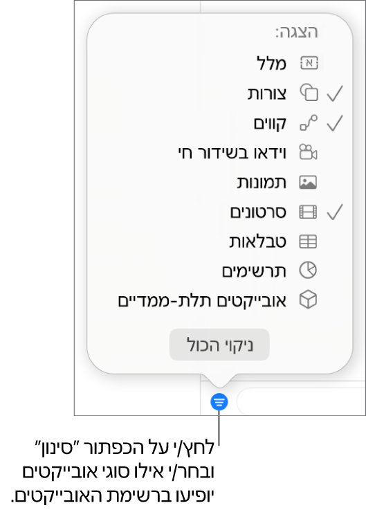 התפריט הקופצני ״סינון״ פתוח, עם רשימה של סוגי האובייקטים שהרשימה יכולה לכלול (מלל, צורות, קווים, תמונות, סרטים, טבלאות ותרשימים).
