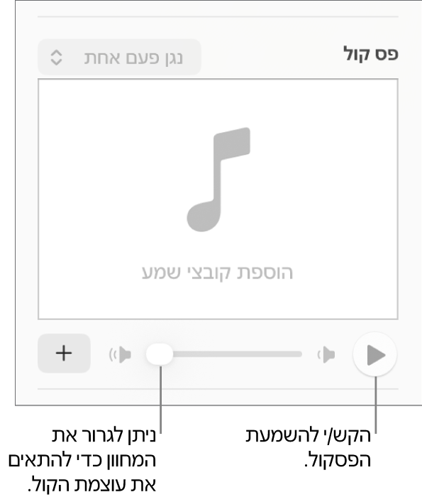 כלי הבקרה של ״פסקול״, עם הסבר לגבי הכפתור ״הפעל״ ולגבי המחוון ״עוצמת שמע״.