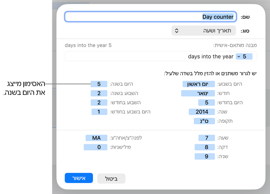 החלון של מבנה תא מותאם אישית עם כלי בקרה ליצירת מבנה תאריך ושעה מותאם אישית.