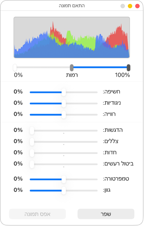 החלון ״התאם תמונה״ עם מחוונים להגדרת רמת חשיפה, ניגודיות, רוויה, הדגשות, הצללות, חדות, ביטול רעשים, טמפרטורת צבע וגוון.