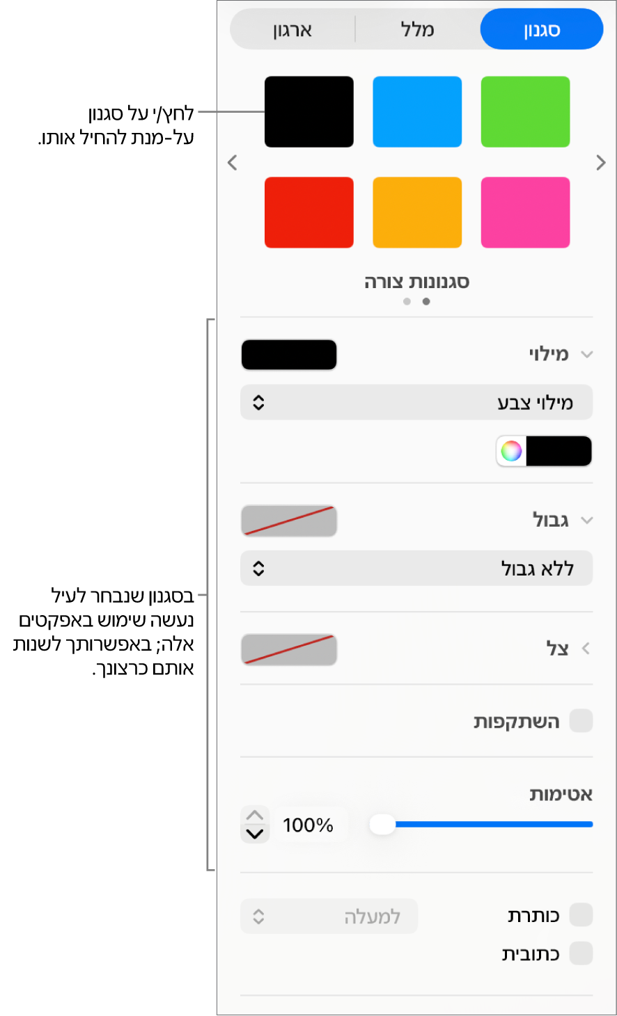 סגנונות ואפשרויות עבור צורות במקטע ״עיצוב״ בסרגל הצד.