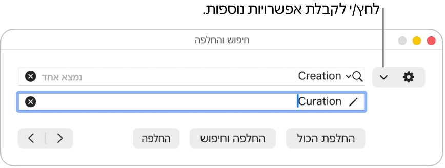 חלון ״חפש והחלף״ עם הסבר לגבי התפריט הקופצני שמציג אפשרויות נוספות.