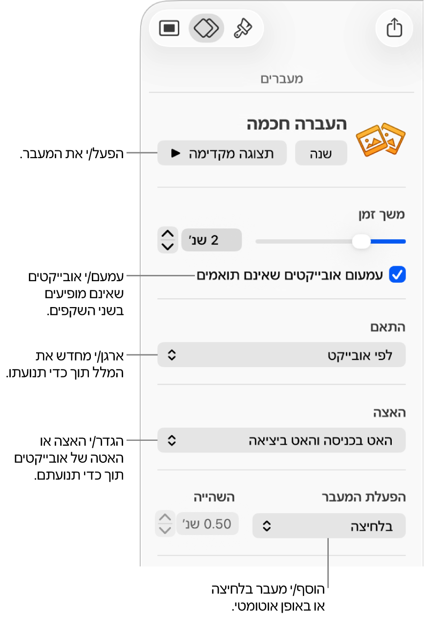 כלי הבקרה של ״העברה חכמה״ במקטע ״מעברים״ בסרגל הצד ״הנפש״.