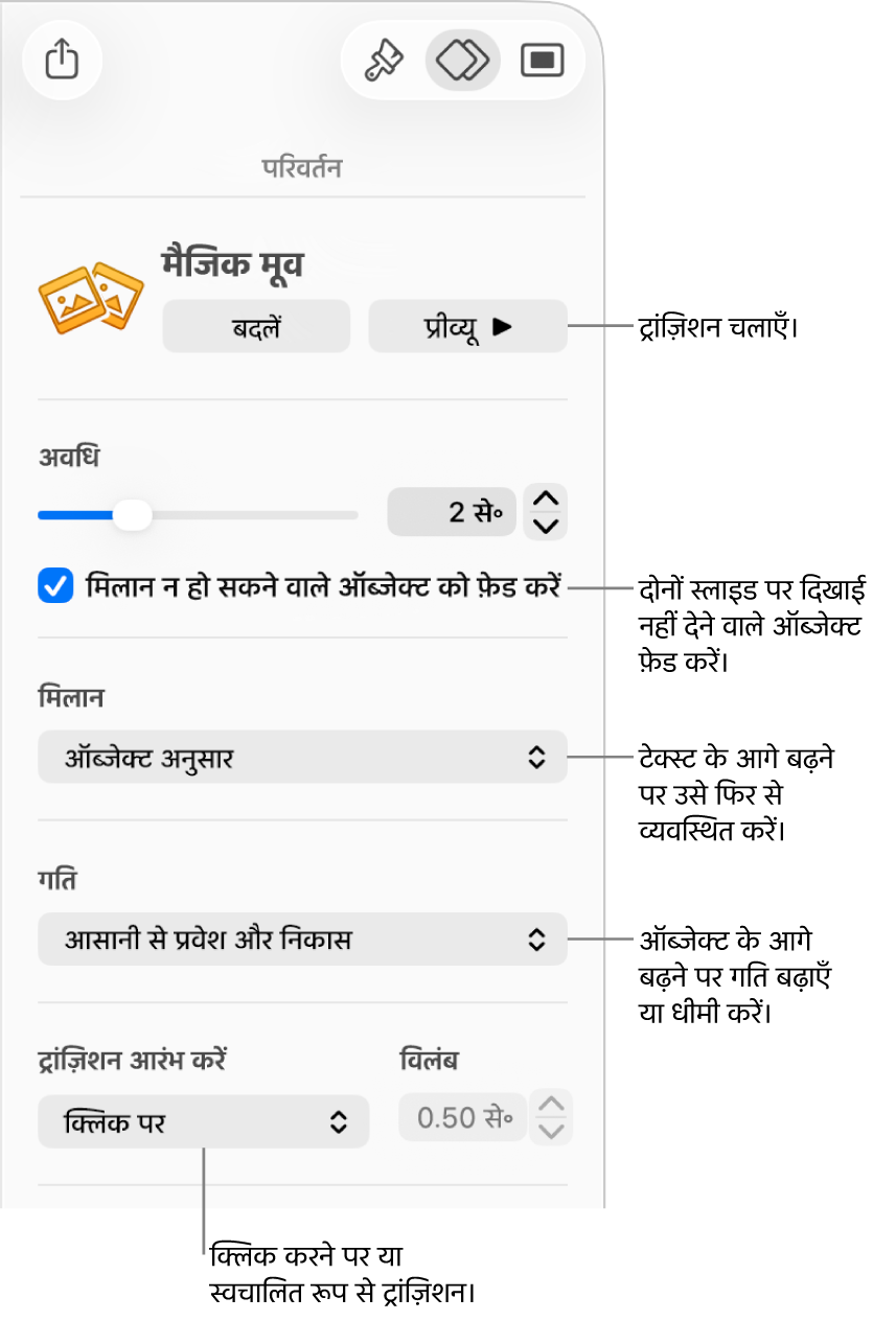 एनिमेट साइडबार के ट्रांज़िशन सेक्शन में मैजिक मूव ट्रांज़िशन नियंत्रण।