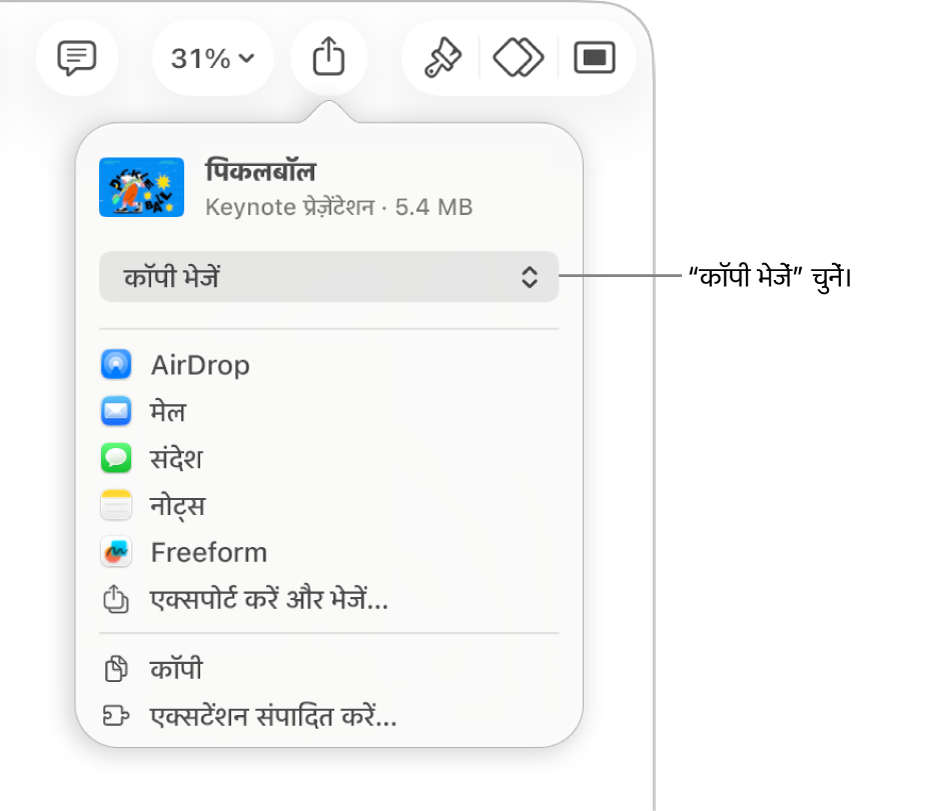 “शेयर करें” मेनू जिसके शीर्ष पर “कॉपी भेजें” चुना गया है।