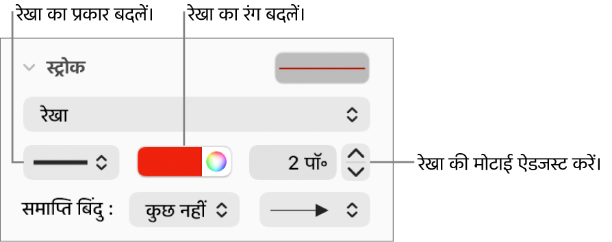 अंतिमबिंदु, रेखा की मोटाई और रंग की सेटिंग के लिए स्ट्रोक नियंत्रण।