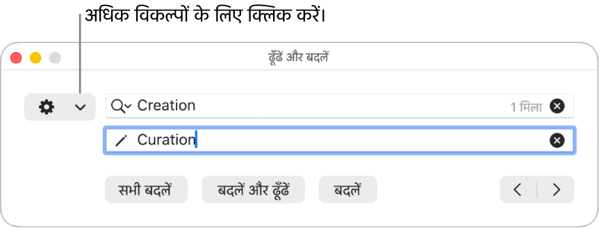 “ढूँढें और बदलें” विंडो जिसमें अधिक विकल्पों को दिखाने के लिए पॉप-अप मेनू में कॉलआउट है।