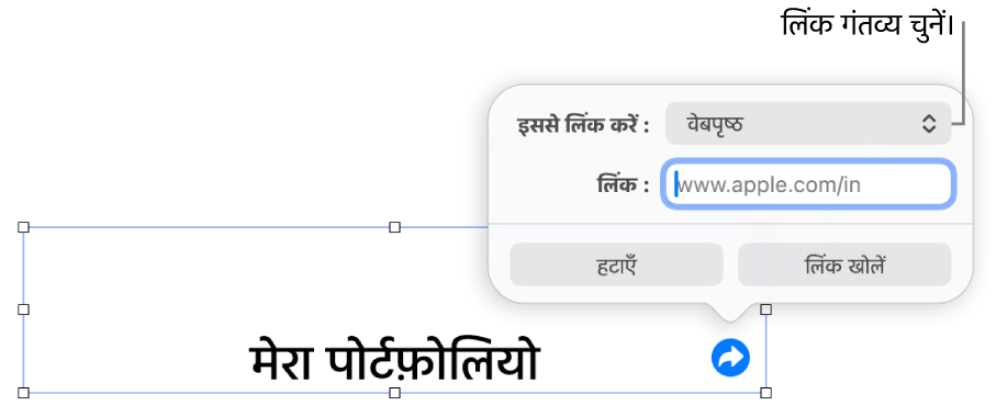 चुने गए वेबपृष्ठ के साथ लिंक संपादक नियंत्रण और सबसे नीचे “लिंक हटाएँ” और “लिंक खोलें” बटन।