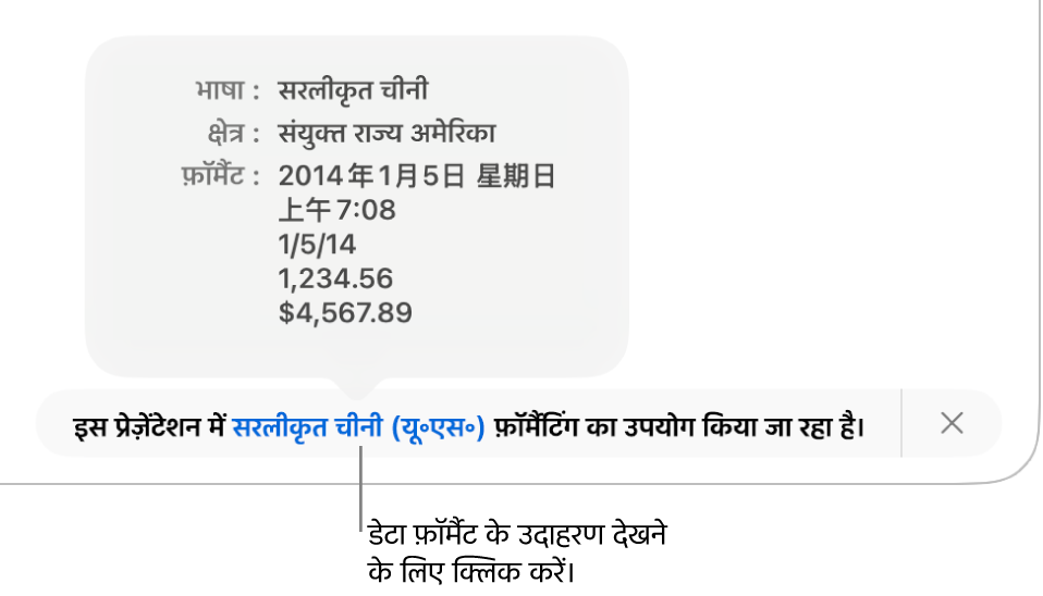 अलग भाषा और क्षेत्र सेटिंग संबंधी सूचना, जो उस भाषा और क्षेत्र के फ़ॉर्मैटिंग से जुड़े उदाहरण दर्शाती है।