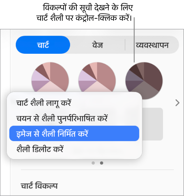 चार्ट शैली शॉर्टकट मेनू।