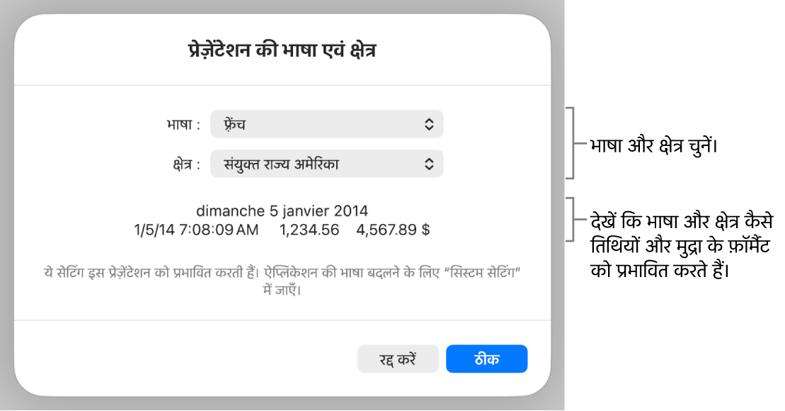 भाषा और क्षेत्र पेन जिसमें भाषा और क्षेत्र के लिए नियंत्रण हैं और एक फ़ॉर्मैट उदाहरण है जिसमें तिथि, समय, दशमलव और मुद्रा शामिल हैं।