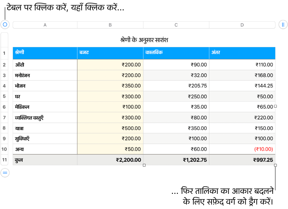 आकार बदलने के लिए सफ़ेद वर्गों के साथ चयनित टेबल।