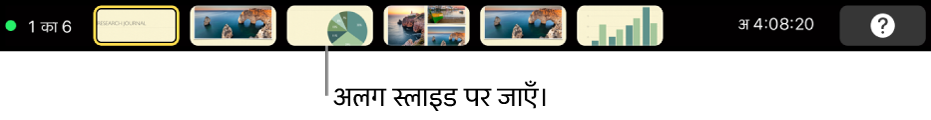 प्रस्तुति से बाहर निकलने, अलग स्लाइड पर सीधे जाने और प्रेज़ेंटर डिस्प्ले स्विच करने के लिए प्रस्तुति नियंत्रण के साथ MacBook Pro Touch Bar।