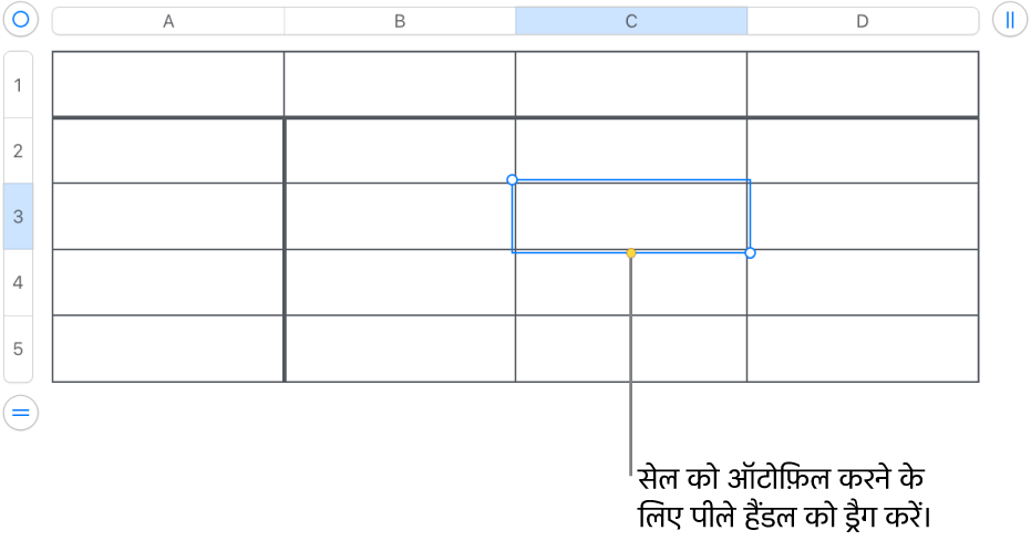 पीले हैंडल वाले चयनित सेल का उपयोग आप सेल को ऑटोमैटिकलीभरण के लिए ड्रैग कर सकते हैं।