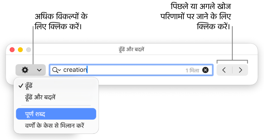 “ढूँढें और बदलें” विंडो जिसमें पॉप-अप मेनू “ढूँढें”, “ढूँढें और बदलें” “पूरे शब्द” और “मैच केस” के लिए विकल्प दिखा रहा है। दाईं ओर के तीर आपको अगले और पिछले खोज परिणाम पर जाने की सुविधा उपलब्ध कराता है।