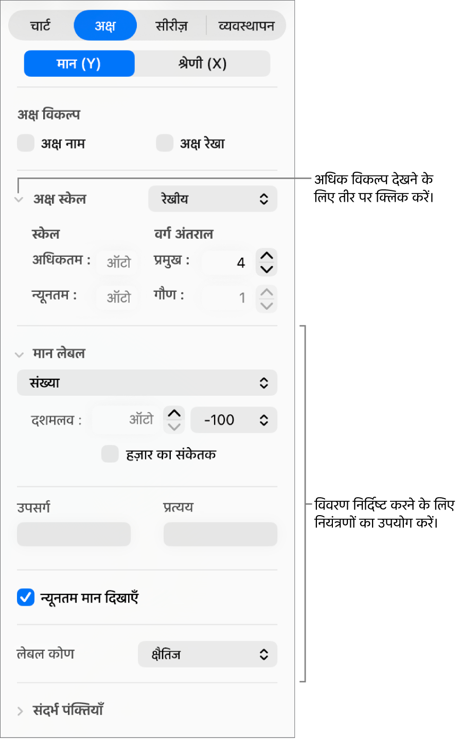 चार्ट अक्ष चिह्नों के फ़ॉर्मैट के लिए नियंत्रण।