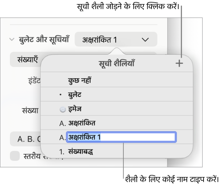 शीर्ष-दाएँ कोने में “जोड़ें” बटन के साथ “सूची शैली” मेनू और अपने चुने गए टेक्स्ट के साथ एक प्लेसहोल्डर शैली नाम।