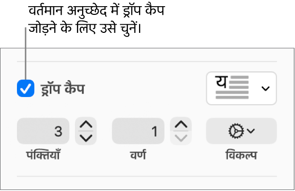 ड्रॉप कैप चेकबॉक्स चुना जाता है, और उसके दाईं ओर पॉप-अप मेनू दिखाई देता है; पंक्ति ऊँचाई, वर्णों की संख्या के नियंत्रण और अन्य विकल्प उसके नीचे दिखाई देते हैं।