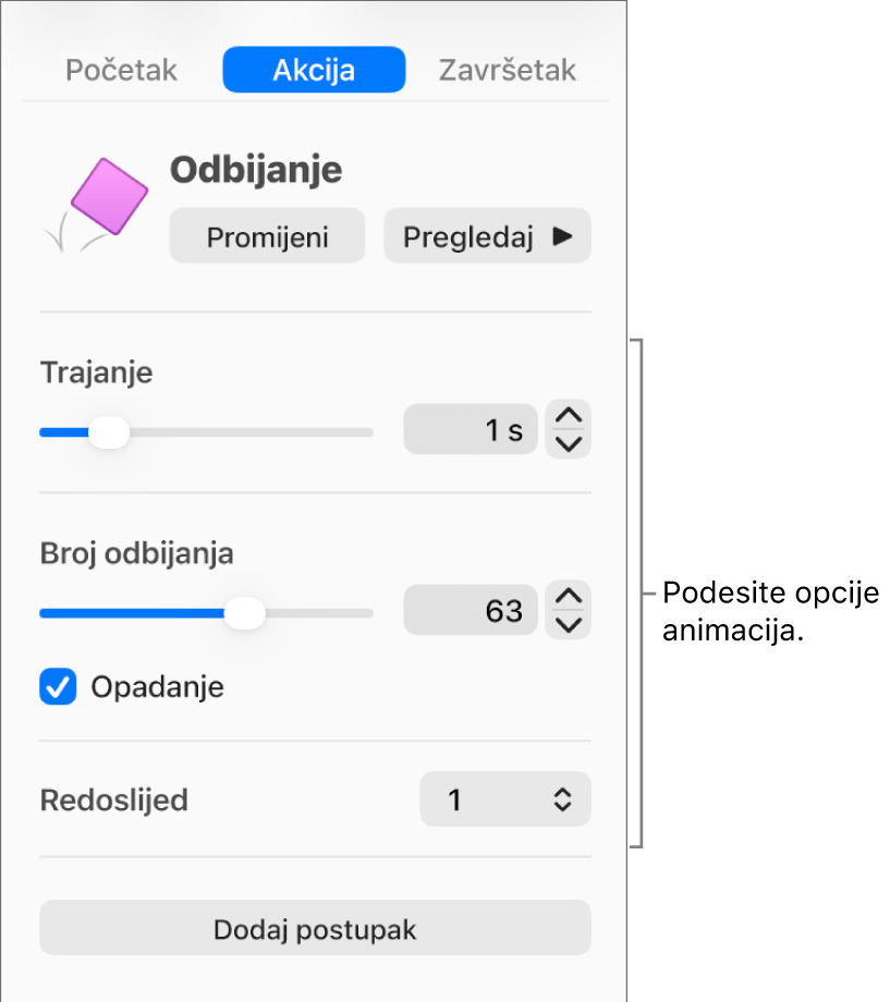 Kontrole akcije u odjeljku Animacija rubnog stupca.
