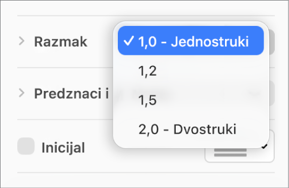 Skočni izbornik Razmak s opcijama Jednostruki, Dvostruki i drugim opcijama.