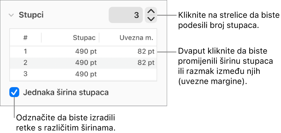 Kontrole u odjeljku sa stupcima koje služe za promjenu broja stupaca i širine svakog stupca.