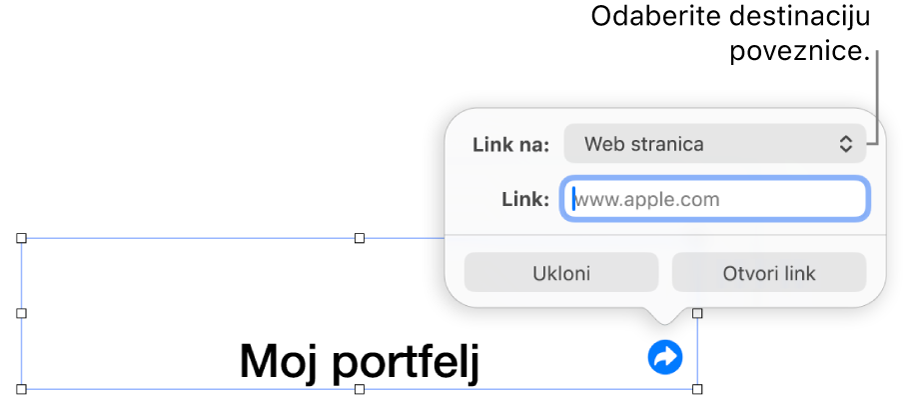 Kontrole urednika linka s odabranom opcijom Web stranica, tipke Ukloni i Otvori link nalaze se na dnu.
