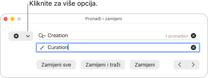 Prozor Pronađi i zamijeni s balončićem do skočnog izbornika koji prikazuje više opcija.