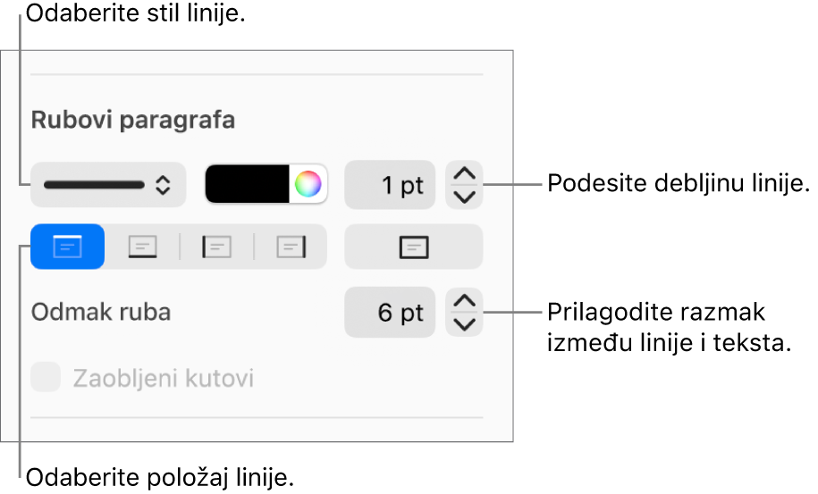 Kontrole za promjenu stila, debljine, položaja i boje linije.