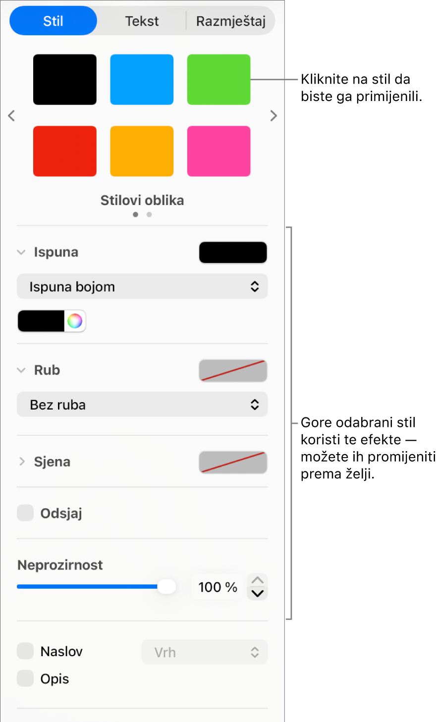 Stilovi oblika i opcije u odjeljku Format rubnog stupca.