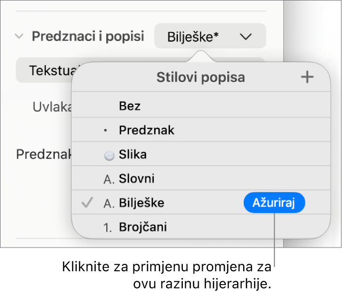Skočni izbornik Stilovi popisa s tipkom Ažuriraj pokraj naziva novog stila.
