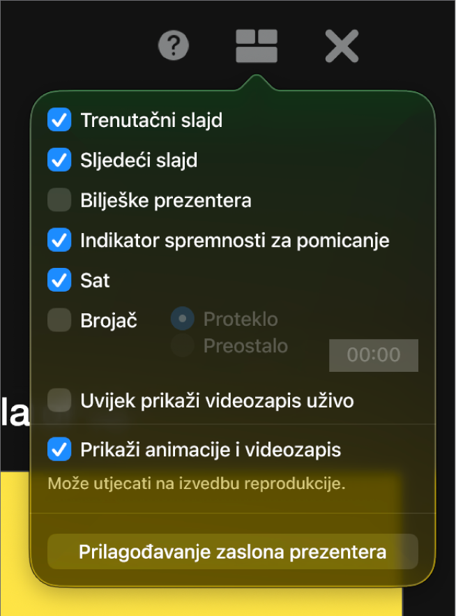 Opcije zaslona prezentera, uključujući Trenutni slajd, Sljedeći slajd, Bilješke prezentera, Indikator spremnosti za prijelaz na sljedeću stavku, Sat i Brojač. Brojač ima dodatne opcije za prikaz proteklog vremena ili preostalog vremena.