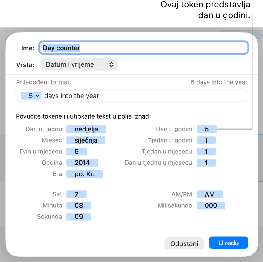 Prozor prilagođenog formata ćelije s kontrolama za izradu prilagođenog formata za datum i vrijeme.