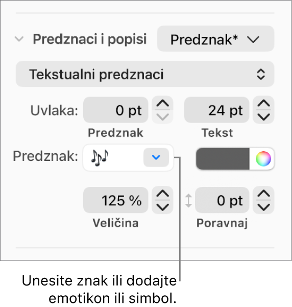 Odjeljak Grafičke oznake i popisi stupca Formatiraj. Polje Grafičke oznake prikazuje emotikon cvijeta.