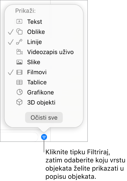 Otvoreni skočni izbornik Filtriraj s popisom vrsta objekata koje popis može sadržavati (tekst, oblici, linije, slike, filmovi, tablice i grafikoni).