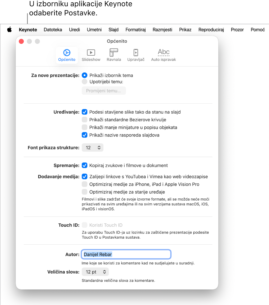 Prozor postavki aplikacije Keynote otvara se u prozoru Općenito.