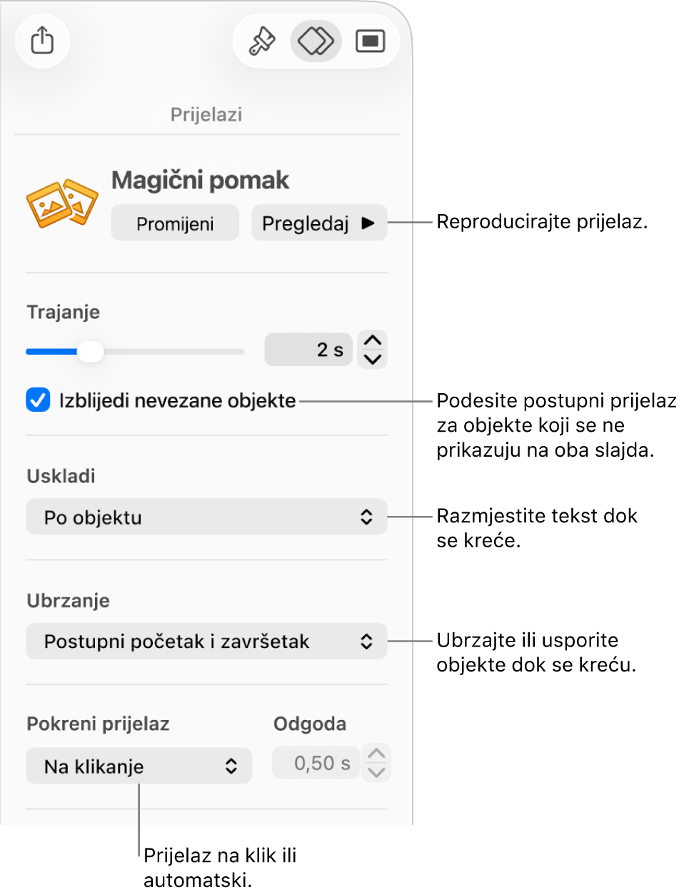 Kontrole prijelaza za Magični pomak u odjeljku Prijelazi rubnog stupca Animiraj.