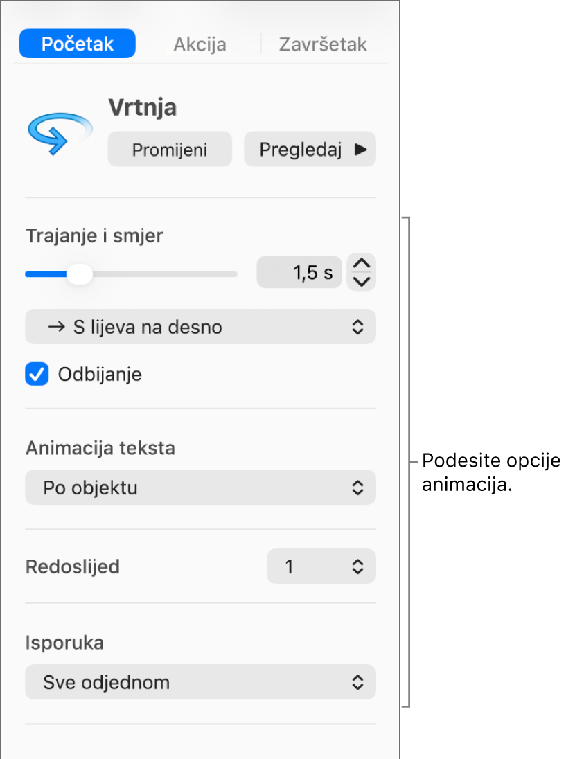 Opcije Početka u tabulatoru Animacija rubnog stupca.
