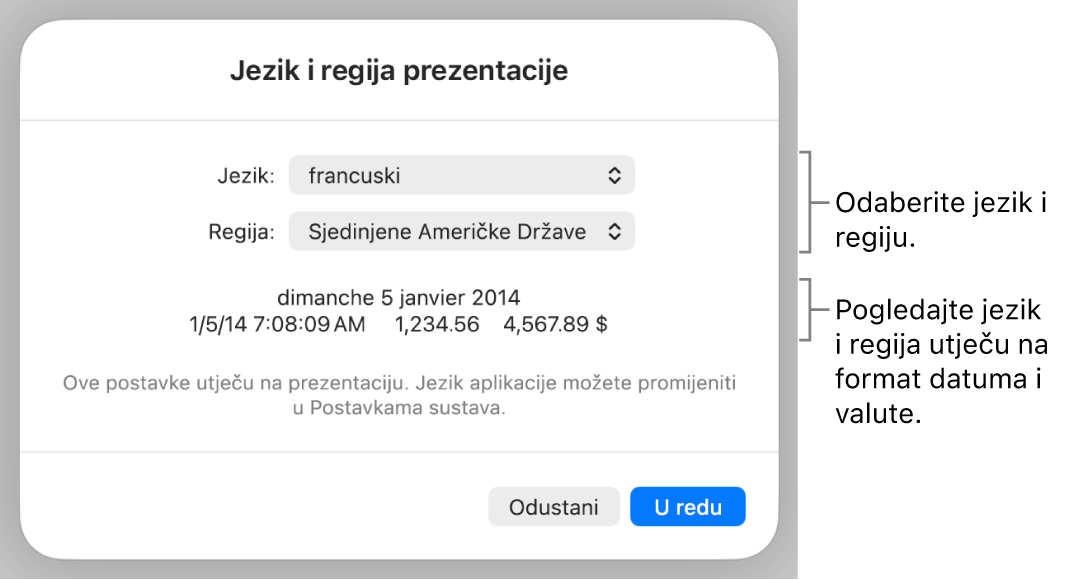 Prozor Jezik i regija s kontrolama za jezik i regiju te primjer formatiranja uključujući datum, vrijeme, decimalu i valutu.