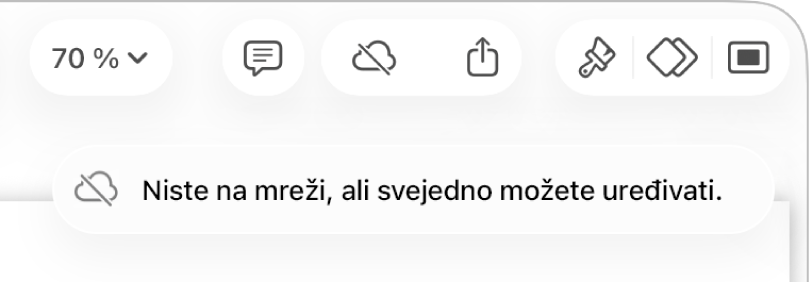Tipke pri vrhu zaslona, s tipkom Suradnja koja se promijenila u oblak s dijagonalnom linijom kroz njega. U upozorenju na zaslonu piše “Niste na mreži, ali još uvijek možete uređivati.”