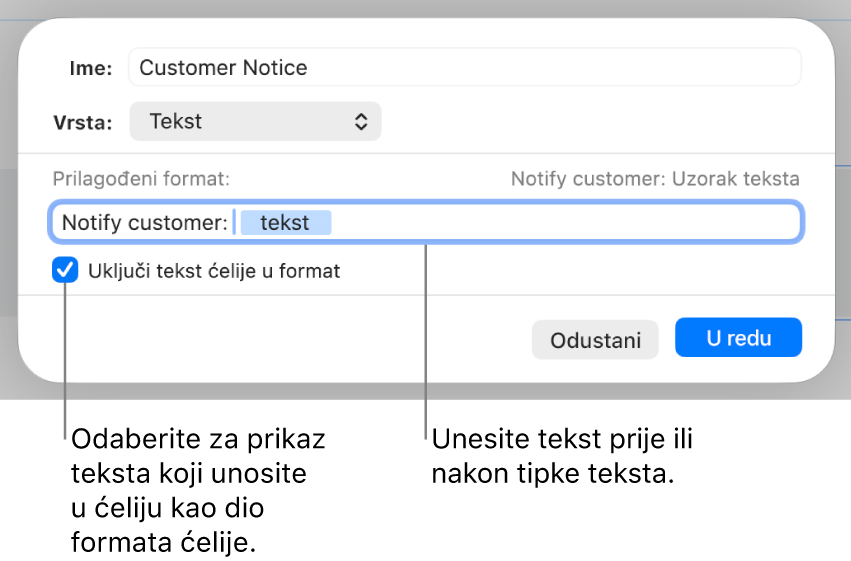 Vlastiti format tekstualnih ćelija.