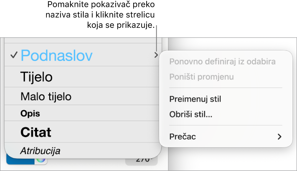 Izbornik stilova paragrafa s otvorenim izbornikom prečaca.
