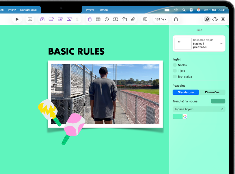 Kontrole za formatiranje s desne strane zaslona za promjenu veličine i izgleda odabranog videozapisa. Tipke Stil, Film i Razmjesti nalaze se preko vrha kontrola za formatiranje.