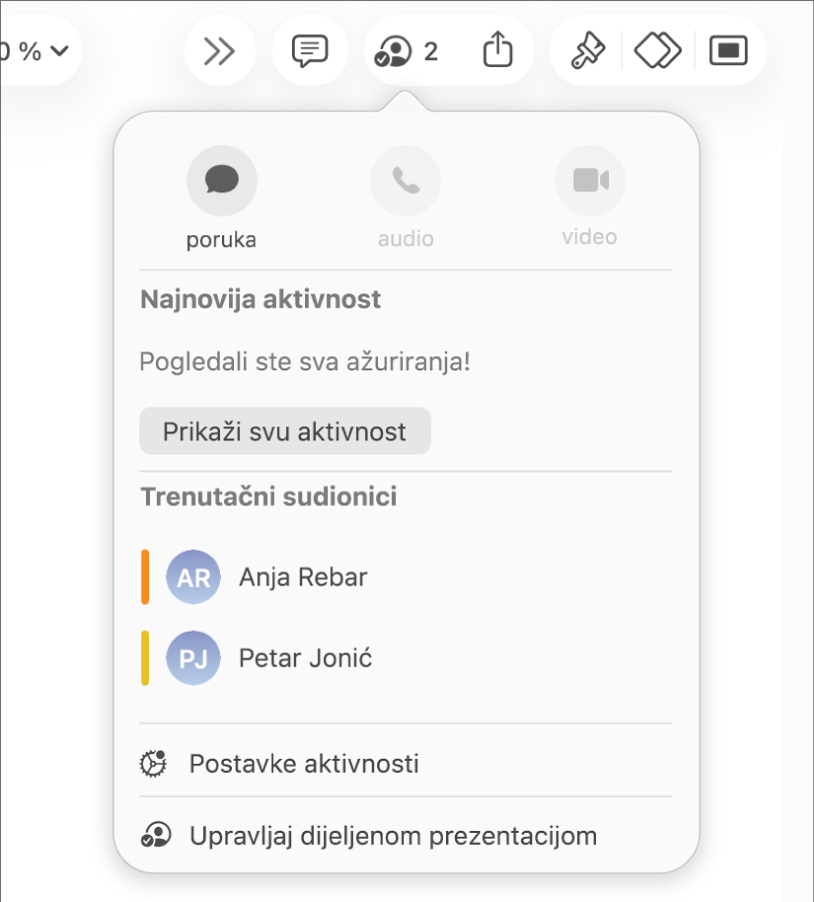 Izbornik suradnje prikazuje imena ljudi koji surađuju na prezentaciji.