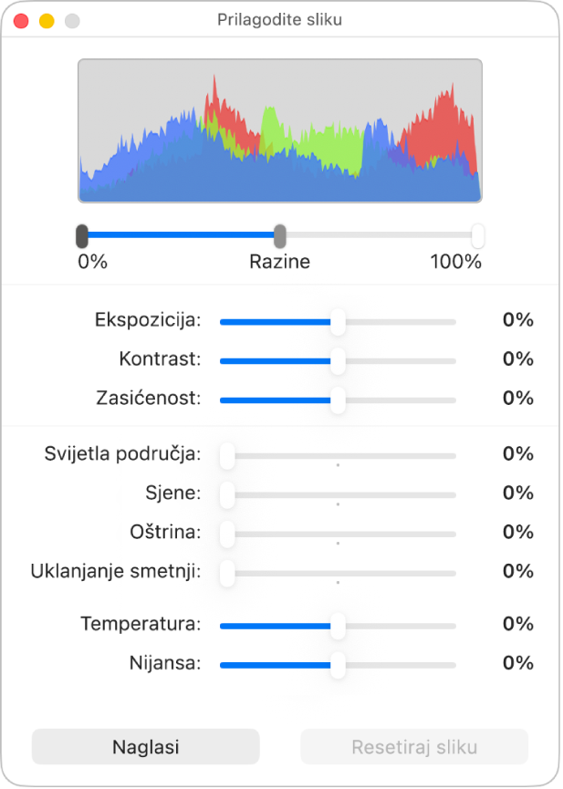 Prozor Podesi sliku s kliznicima za podešavanje ekspozicije, kontrasta, zasićenosti, isticanja, sjena, oštrine, uklanjanja smetnji, temperature i nijanse.