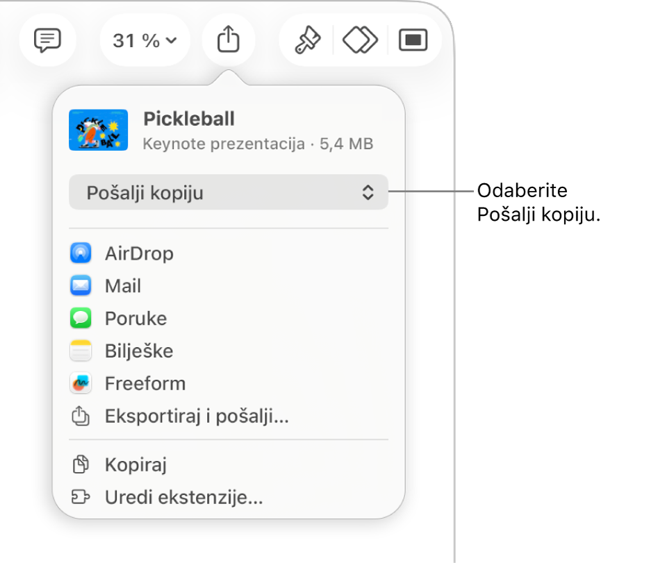 Izbornik dijeljenja s odabranom opcijom Pošalji kopiju pri vrhu.